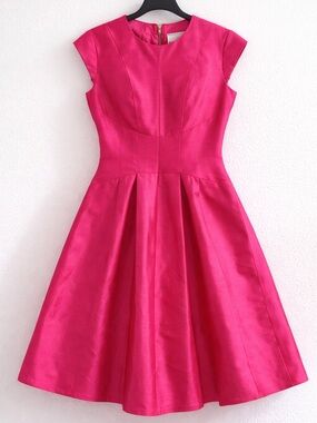 Kate Spade Silk Hot Pink Fit & Flare Dress Cap Sleeve Pleated Barbiecore Derby